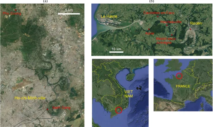 Figure 1 : Sites de mesure : la Rivière de Saïgon, Vietnam (a) et la Seine, France (b)