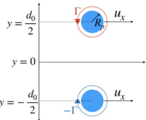 FIG. 2. Schematic diagram illustrates the initial configuration, wherein a vortex-antivortex pair loaded with particles is translating along the x axis