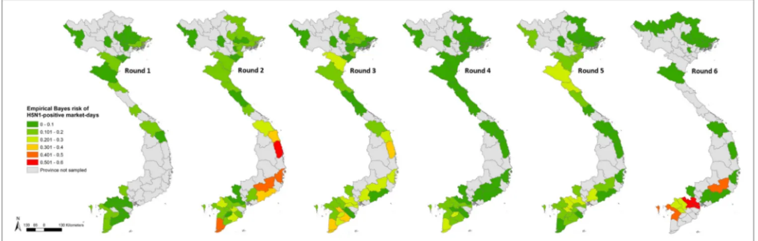 FigUre 1 | Province-level Bayes risk of highly pathogenic avian influenza H5N1 in Vietnam (Rounds 1–6).