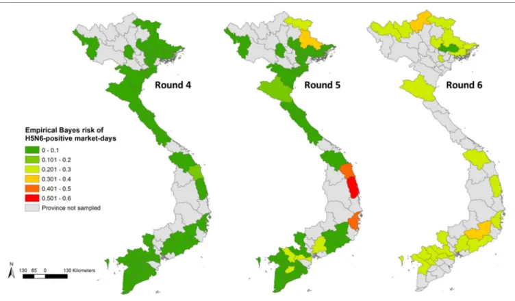 FigUre 4 | Province-level empirical Bayes risk of highly pathogenic avian influenza H5N6 in Vietnam (Rounds 4–6).