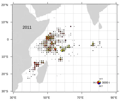 Figure 9: Spatial distribution of tuna catches of the French purse seine fishing fleet in 2011