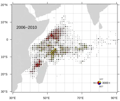 Figure 10: Spatial distribution of tuna catches of the French purse seine fishing fleet in 2006-2010