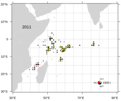 Figure 13: Spatial distribution of tuna catches of the French purse seine fishing fleet made on free-swimming schools in 2011