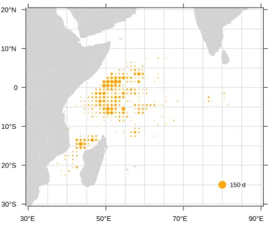 Figure 4: Fishing grounds. Spatial distribution of fishing effort (in searching days) of the French purse seine fishing fleet in 2011