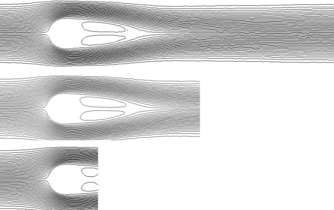 Figure 7: Streamline of Test case 2 at T = 3.5s, Re = 100, η = 4 × 10 −3 . On the top: Ω = [0, 5] × [0, 1], NbCell= 12118