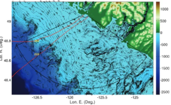 Fig. 4: Footprint of ONC WERA HF radar sweep area off of Tofino, BC, with the marked trace (red solid lines) of 2 wave rays corresponding to tsunami sources originating from the North-West (285) and South-West (225) direction.