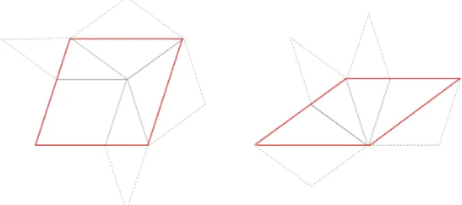 FIG. S4: Inflation of the basic tiles (one iteration) to produce a larger pattern. The dashed lines are a guide to the eye to identify the tiles which appear in the new pattern.