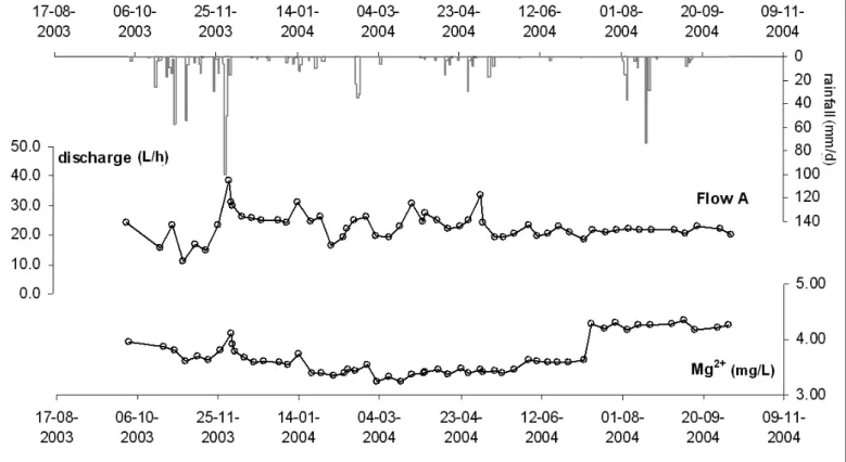 Fig. 5. Time series of daily rainfall, discharge and Mg 2+  content for A-point.