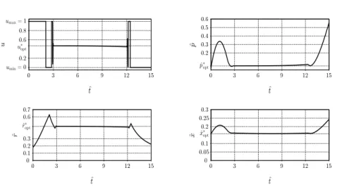 Fig. 2 The optimal control input and state variables for the product maximization problem for Model 1 computed by using BOCOP