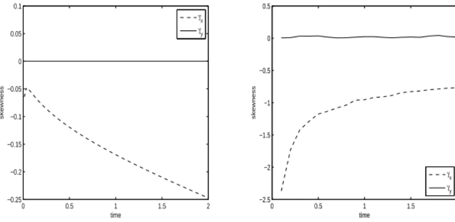 Fig. 6. Experiment 1. Skewness in x and y for the PDE model (left) and for the IBM (right)