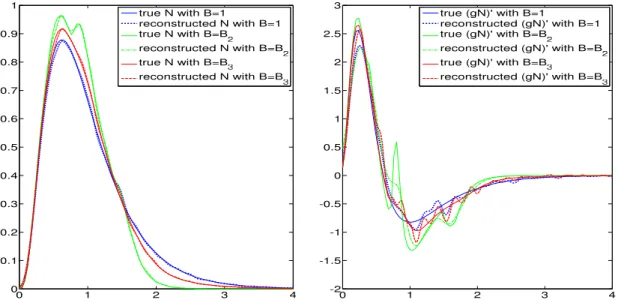 Figure 1: Reconstruction of N (left) and of ∂x ∂ (gN ) (right) obtained with a sample of n = 5.10 4 data, for three different cases of division rates B.