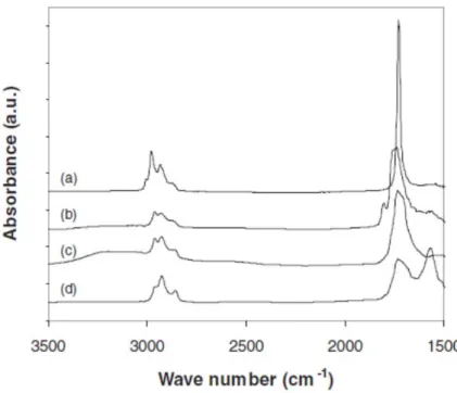 Figure  2  shows  the  FTIR‐ATR  spectra  of  the  PtBuA  and  PAA  brushes  before  and  after  the  pyrolysis  reaction. We have also compared  the spectra of the same PAA brush just after pyrolysis, and then  after being dried after immersion in aqueous