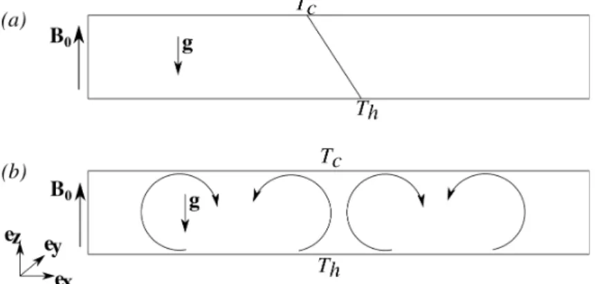 Fig. 1: Stable and unstable cases of a fluid layer heated from below, with  an impressed magnetic field.