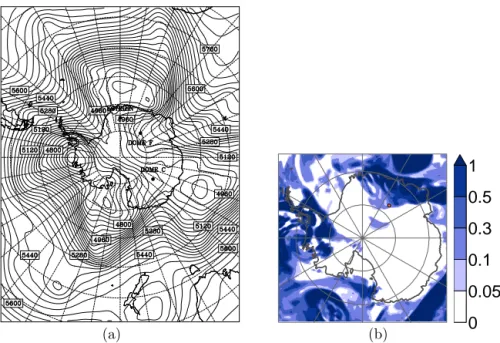 Figure 5. Example of an amplified high-pressure ridge: (a) 500 hPa geopotential height from AMPS, 1 August 2003 12:00 UTC, (b) 6 h precipitation in mm from AMPS, 1 August 2003 06:00 UTC.