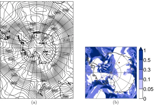 Figure 8. Example for the event Southerly Flow; (a) 500 hPa geopotential height from AMPS, 1 October 2003 00:00 UTC, (b) 6 h precipita- precipita-tion in mm from AMPS, 1 October 2003 00:00 UTC.