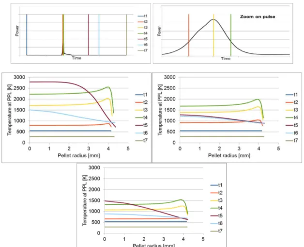 Fig 2. (Peak Power axial Level PPL) Temperature radial profile evolution during pulse-irradiation  above: illustration of the plotting times considered 