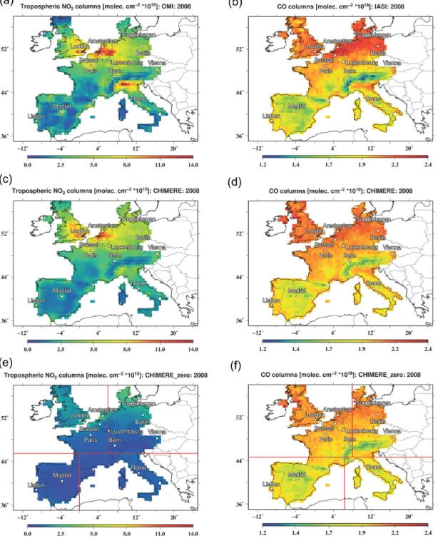 Figure 4. Spatial distributions of the annually averaged NO 2 (a, c, e) and CO (b, d, f) columns obtained from satellite observations (a, b) and model runs performed with (c, d) and without (e, f) anthropogenic emissions in the study region