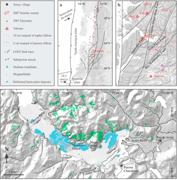 Figure 1. Setting of Aysén Fjord: (a) northern Patagonian fjordland with subduction zone (plate motions from Wang et al., 2007), LOFZ, and volcanoes of south central Chile; (b) region around Aysén Fjord with indication of the Liquiñe-Ofqui Fault Zone (LOFZ