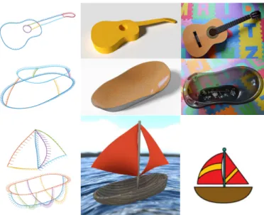 Figure 20: Top: guitar and bathtub scanned using the Morphorider. Left to right, reconstructed networks, surfaces computed from the networks, the scanned objects