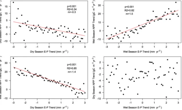 Figure 3. Seasonal effect of changes in water availability (E P) on seasonal NPP for climate simulations only