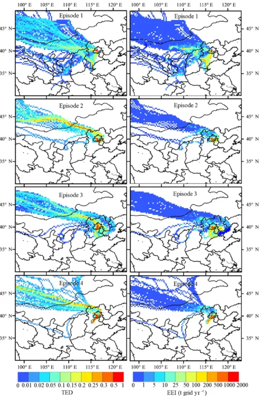 Figure 3. Spatial distribution (0.25 ◦ × 0.25 ◦ ) of the TED and EEI for BC transported to the observation site (40 ◦ 00 0 17 00 N, 116 ◦ 19 0 34 00 E) during episodes 1–4 of the BJNOV2014 measurement period