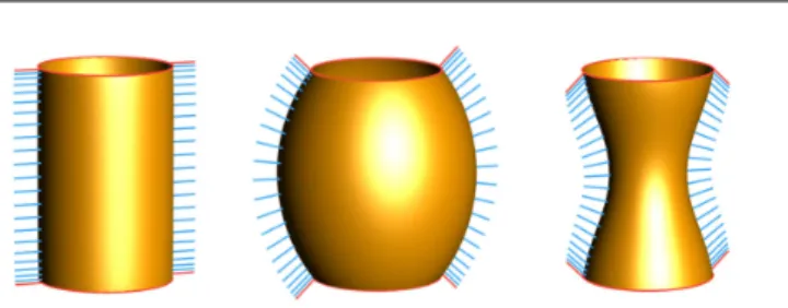 Figure 1: Influence of input normals: the two circular curves (red) are given as input together with normal vectors of different orientation (red normals)