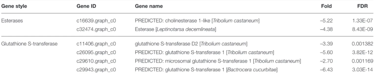 TABLE 1 | Detoxify-related genes differentially transcribed in Harmonia axyridis adult following treated by sublethal doses of beta-cypermethrin.