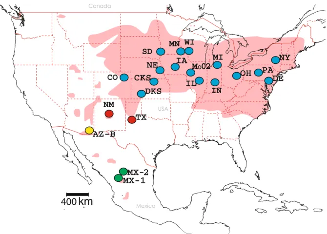 Fig. 1 Geographic locations of genotyped site-samples of WCR and genetic units inferred from Bayesian clustering analyses