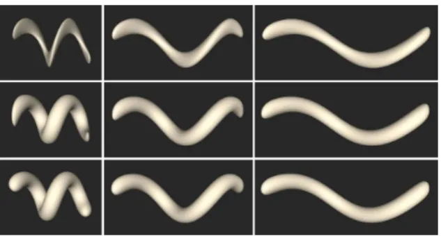 Figure 10: Comparison, for different values of S R , between the classic twist (first row), the solution with the end point problem (second row) and our final solution (third row).