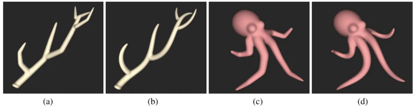 Figure 16: Comparison of model quality using a tessellation of 3D skeleton curves into line-segments (left) compared to our helical primitives (right) when a given computational time is allowed.