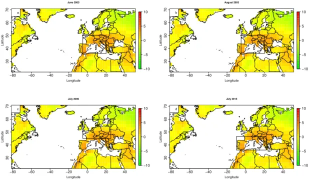 Fig. 1: Monthly mean temperature anomalies over land areas (NCEP dataset with reference to the 1948- 1948-2015 mean) for the four case studies (in °C)