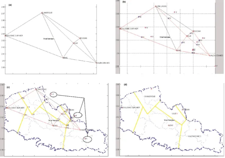 Fig. 1 An enhanced version of Reilly’s law of retail gravitation, with weighting applied to the  oncology/hematology activity in the former Nord-Pas-de-Calais region of France: (a) Delaunay  triangulation (DT) of ten black segments and six hospital hubs; (