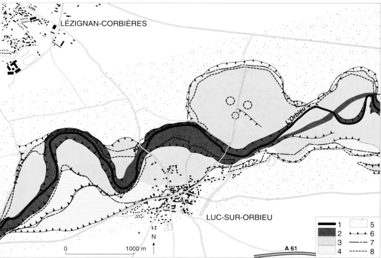 Fig. 5 - Carte hydrogéomorphologique le long d'un tronçon de l'Orbieu. 1  :  lit mineur ;  2 :  lit moyen ;  3 :  lit majeur ;  4 :  zone d'incertitude ;  5 :  terrasse alluviale ;  6 :  rebord de terrasse ;  7 :  limite des laisses de crue (novembre 1999)