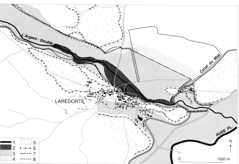 Fig. 6 - Carte hydrogéomorphologique le long d'un tronçon de l'Argent Double :  extension du champ d'inondation sur une terrasse  en amont du  remblai du Canal du Midi du fait de la surélévation du lit  majeur par accumulation sédimentaire