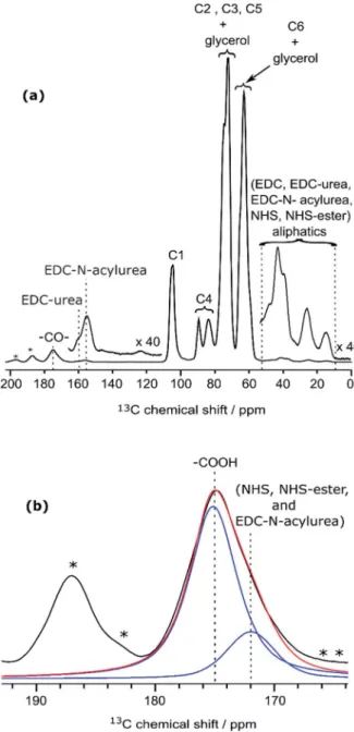 Fig. 5 (a) DNP-enhanced 13 C CPMAS NMR spectra of CNF-t modi ﬁ ed in the presence of the coupling agents (EDC and NHS) only