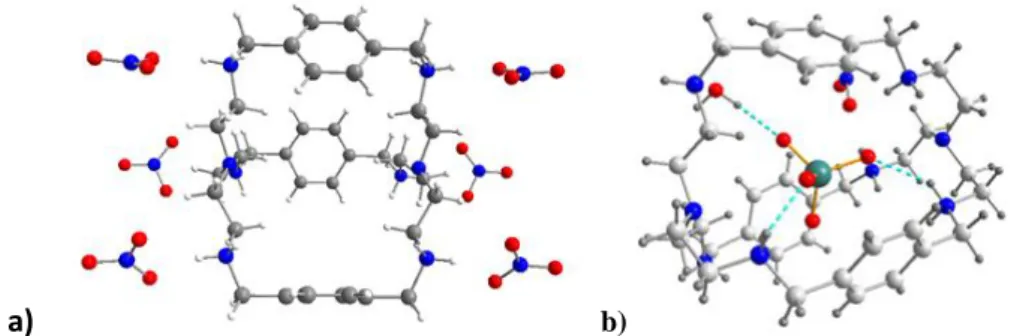 Figure 1 : Crystallographic structures a) free ligand H 6 L and b) complex  [(ReO 4 )(H 6 L)].(ReO 4 ) 1.5 (NO 3 ) 3.5 (H 2 O) 3