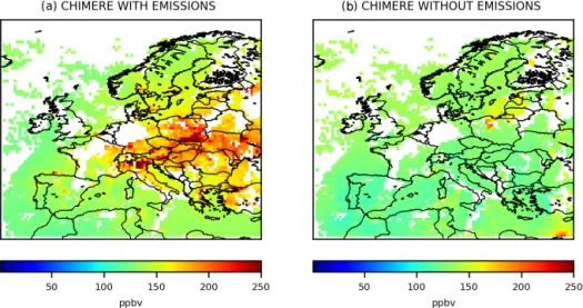 Figure 3. Mean CO surface concentrations from 1 to 7 March 2015 simulated by CHIMERE (a) with anthropogenic and biogenic emissions, and (b) without emissions, in ppbv, at the 0.5 ◦ × 0.5 ◦ grid-cell resolution.