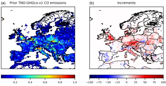 Figure 7. (a) TNO-GHGco-v1 CO anthropogenic prior emissions, in kt CO per grid cell, and (b) increments provided by the inversion with constraints from MOPITTv8-NIR-TIR from 1 to 7 March 2015, in %.