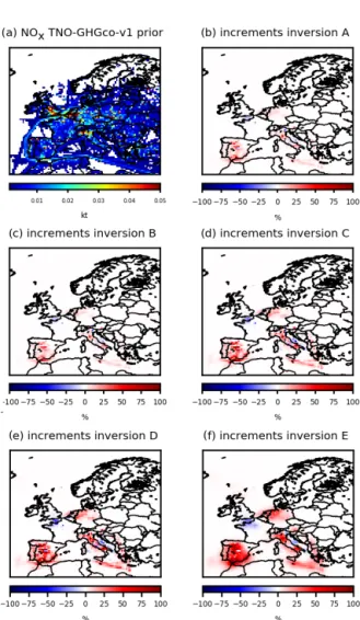Figure 8. (a) TNO-GHGco-v1 NO x anthropogenic prior emissions, in kt NO 2 per grid cell and increments provided by the inversion (b) A, (c) B, (d) C, (e) D and (f) E with constraints from OMI 19 February 2015, in %