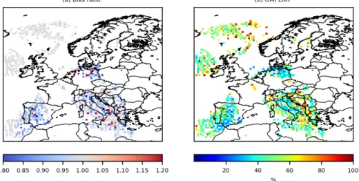 Figure 9. (a) Bias ratio between CHIMERE simulations using the posterior emissions against prior TNO-GHGco-v1 emissions compared to the OMI-QA4ECV-v1.1 observations