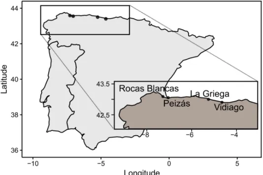 Fig 1. Study sites and sampling design. Map of the sites on the Spanish coast: Rocas Blancas (RB), Peizas (P), La Griega (LG), Vidiago (V) and timeline of the experiment.