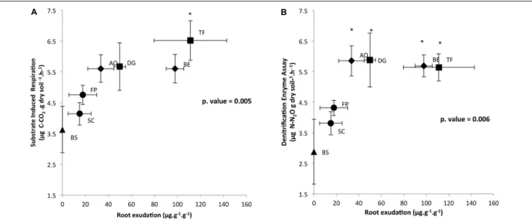 FIGURE 1 | Correlation between (A) root exudation rate and SIR and (B) root exudation rate and DEA in the rhizosphere of six grasses, distributed on a gradient of plant resource use strategies