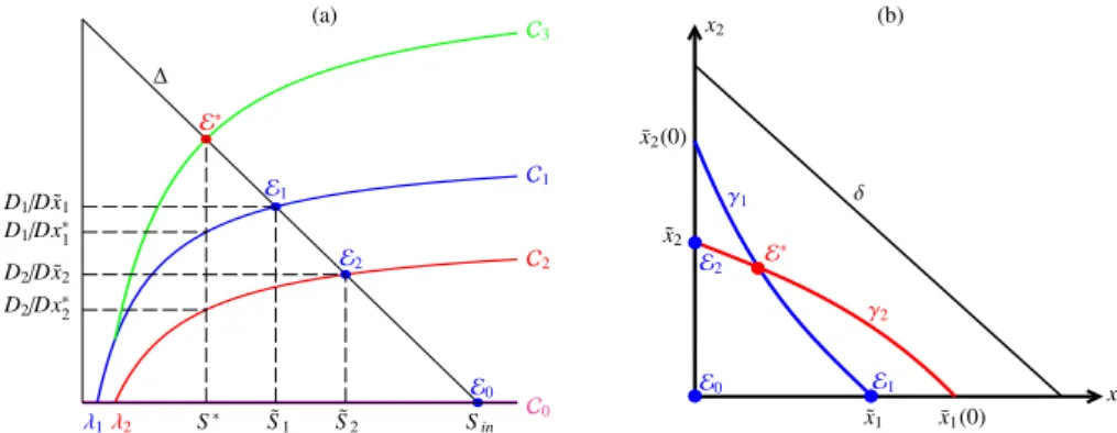 Figure 6: The case α 1 = α 2 = 0: (a) the steady-state characteristic, (b) condition of existence and uniqueness of the positive steady state.