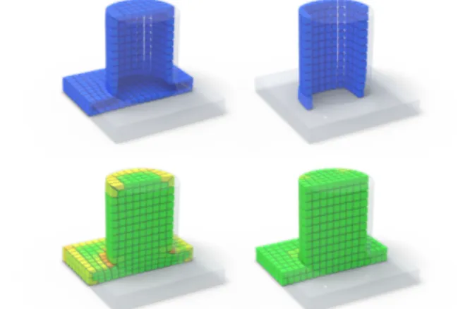 Figure 3: Global vs selective padding applied to the box-cylinder model. Top: global (left) and selective (right) padding