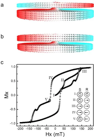 Fig.  2-  Vortex  configurations  after  the  out-of-plane  field  cooling  protocol.  a)  Structure  in  which  the  storage (S) layer is 4nm thick and reference (R) layer 2nm thick