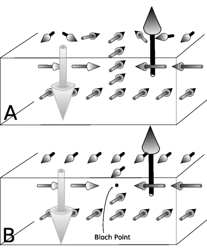 FIG. 3: (A) Vertical Bloch line without Bloch point. The upper N´eel Cap of the Bloch wall is experiencing a swirl of 360 ◦ 