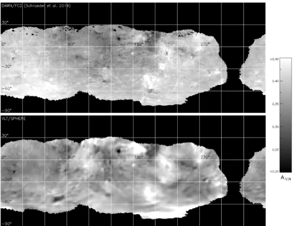 Fig. 5: Albedo map of Vesta constructed from VLT/SPHERE images (bottom), compared to the Dawn Framing Camera 2 (FC2) map derived in situ (top; Schröder et al
