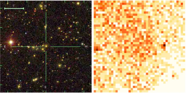 Fig. 19. Optical and X-ray images of the cluster conspicuous in Fig. 20 at redshift =0.24 and richness =77, as not detected by Xamin