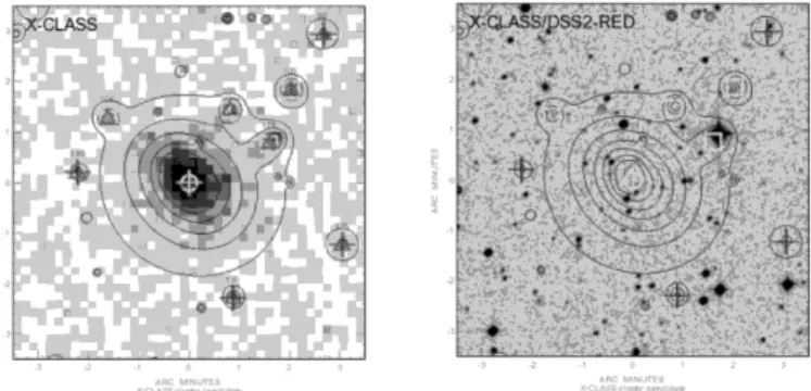 Fig. 1. Example of a C1 cluster (X-CLASS 2305, 7 0 × 7 0 image). Left panel: wavelet-filtered contours superposed on the raw X-ray photon image