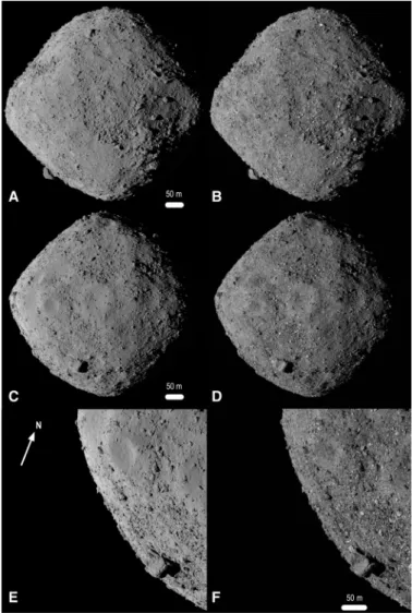 Fig. 1. The 20-cm-resolution GDTM of Bennu. (A, C, and E) Views of the rendered  OLA model and (B, D, and F) corresponding images acquired by OSIRIS-REx Camera  Suite (OCAMS) (2)